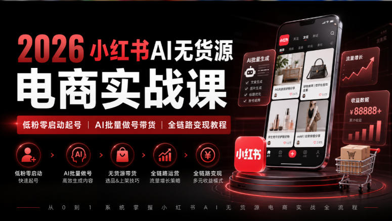 2026小红书AI无货源电商实战课｜低粉零启动起号｜AI批量做号带货全链路变现教程-龙大资源