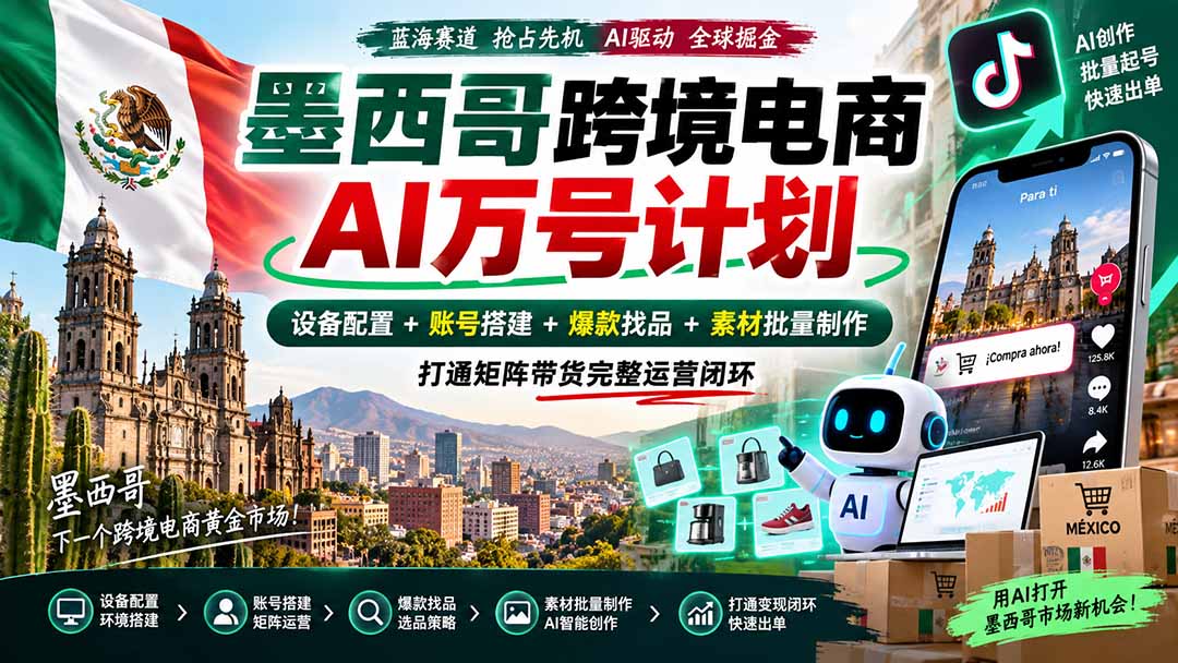 墨西哥AI跨境电商万号计划|设备配置+账号搭建+爆款找品+素材批量制作,打通矩阵带货完整运营闭环-龙大资源