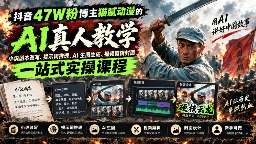 抖音47W粉博主猫腻动漫的AI真人漫剧教学,小说剧本改写、提示词推理、AI生图生成、视频剪辑封面一站式实操课程-龙大资源
