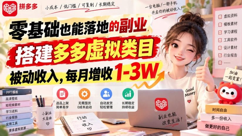 零基础也能落地的副业,搭建多多虚拟类目被动收入,每月增收1-3W【揭秘】-龙大资源