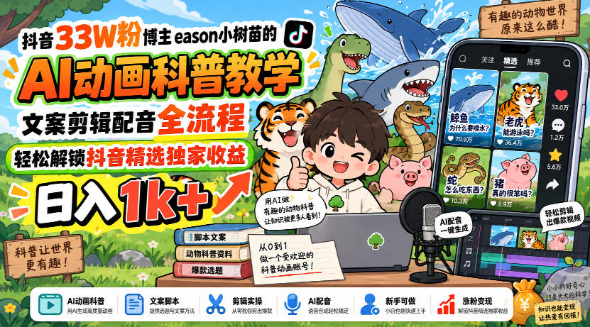 抖音33W粉博主eason小树苗的AI动画科普教学，文案剪辑配音全流程，轻松解锁抖音精选独家收益，日入1k+-龙大资源