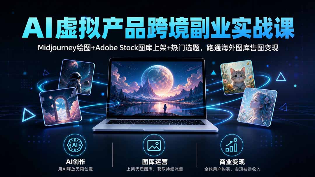 AI虚拟产品跨境副业实战课|Midjourney绘图+Adobe Stock图库上架+热门选题,跑通海外图库售图变现-龙大资源