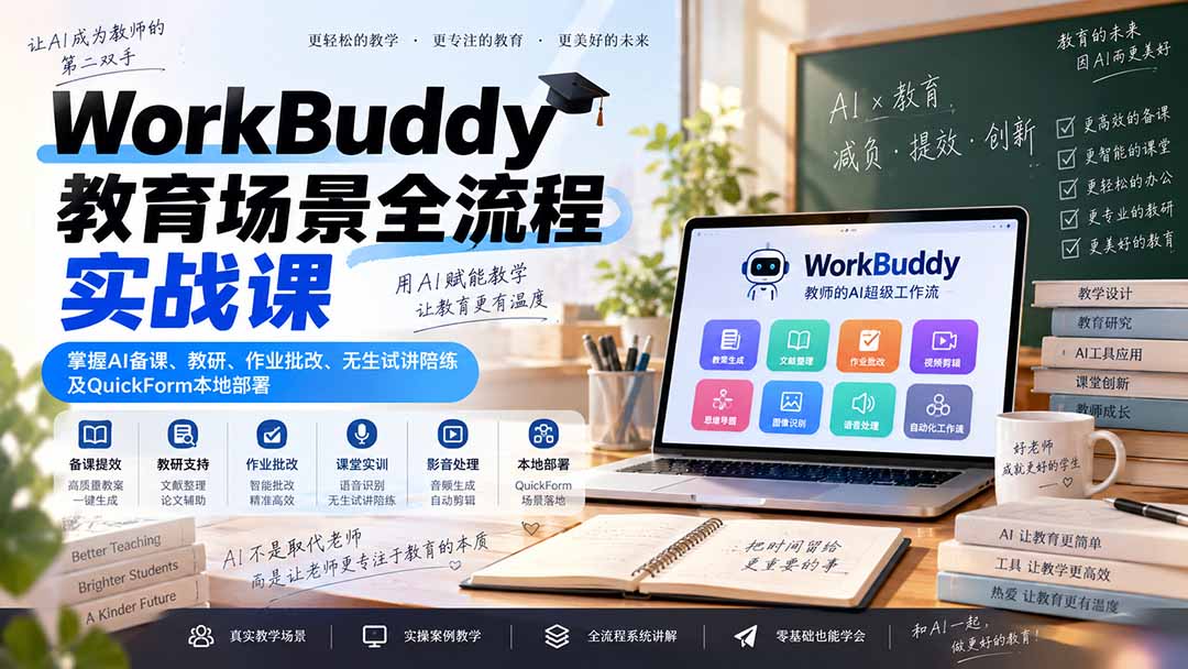 WorkBuddy教育场景全流程实战课:掌握AI备课、教研、作业批改、无生试讲陪练及QuickForm本地部署-龙大资源