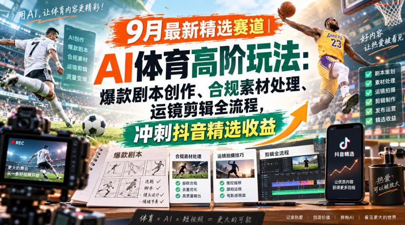 某大佬的9月最新精选赛道之AI体育顶级玩法,爆款剧本创作、版权规避、运镜剪辑全流程,稳拿抖音精选收益-龙大资源