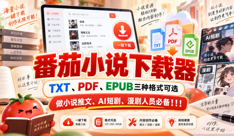 番茄小说下载器，TXT、PDF、EPUB三种格式可选，做小说推文、AI短剧、漫剧人员必备！！！-龙大资源