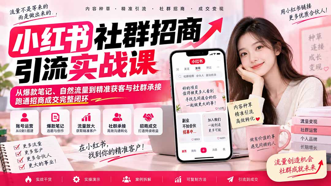 小红书社群招商引流实战课-无水印:从爆款笔记、自然流量到精准获客与社群承接,跑通招商成交完整闭环-龙大资源