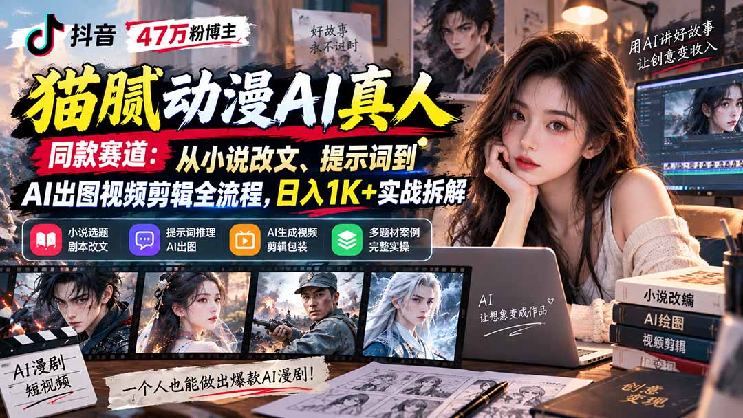 抖音47万粉博主猫腻动漫AI真人同款赛道：从小说改文、提示词到AI出图视频剪辑全流程，日入1K+实战拆解-龙大资源