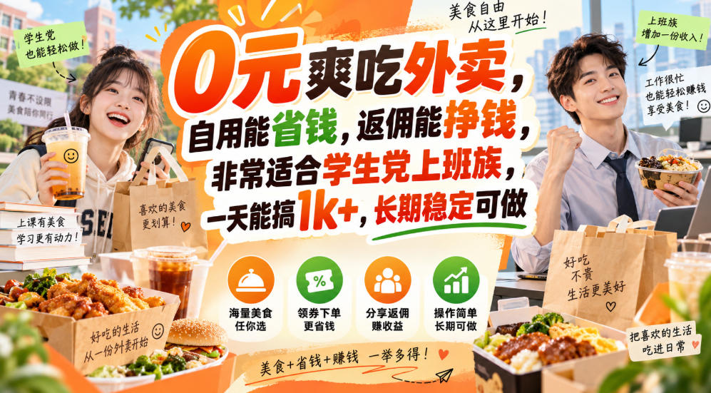 0元爽吃外卖,自用能省钱,返佣能挣钱,非常适合学生党上班族,一天能搞1k+,长期稳定可做-龙大资源