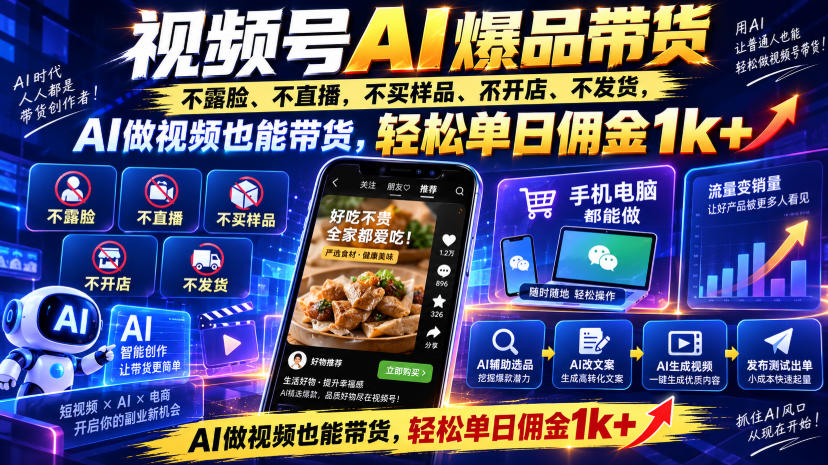 视频号Ai爆品带货，不露脸、不直播、不买样品、不开店、不发货，AI做视频也能带货，轻松单日佣金1k+-龙大资源