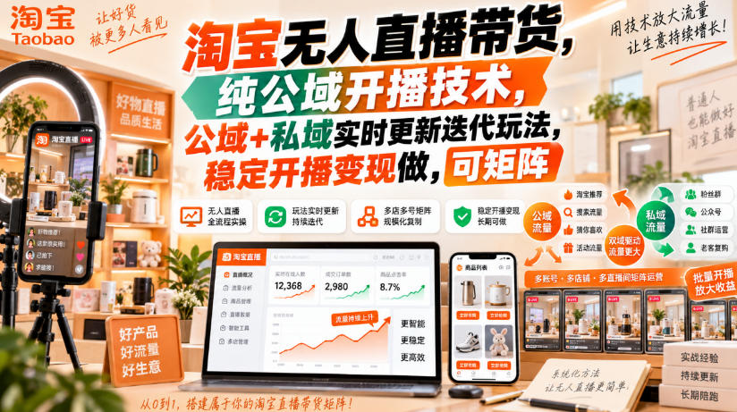 淘宝无人直播带货，纯公域开播技术，公域+私域实时更新迭代玩法，稳定开播变现做，可矩阵【揭秘】-龙大资源