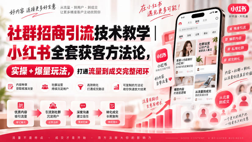 社群招商引流技术教学｜小红书全套获客方法论，实操+爆量玩法，打通流量到成交完整闭环-龙大资源