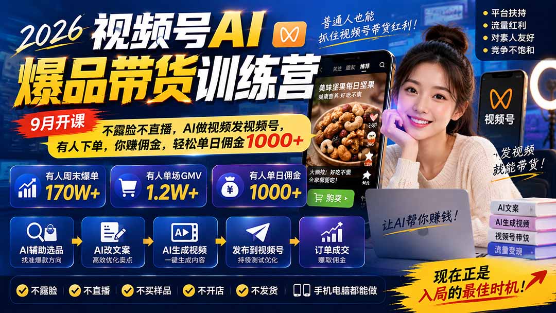 图片[1]-2026视频号AI爆品带货训练营-9月开课｜不露脸不直播，AI做视频发视频号，有人下单，你赚佣金，轻松单日佣金1000+-龙大资源