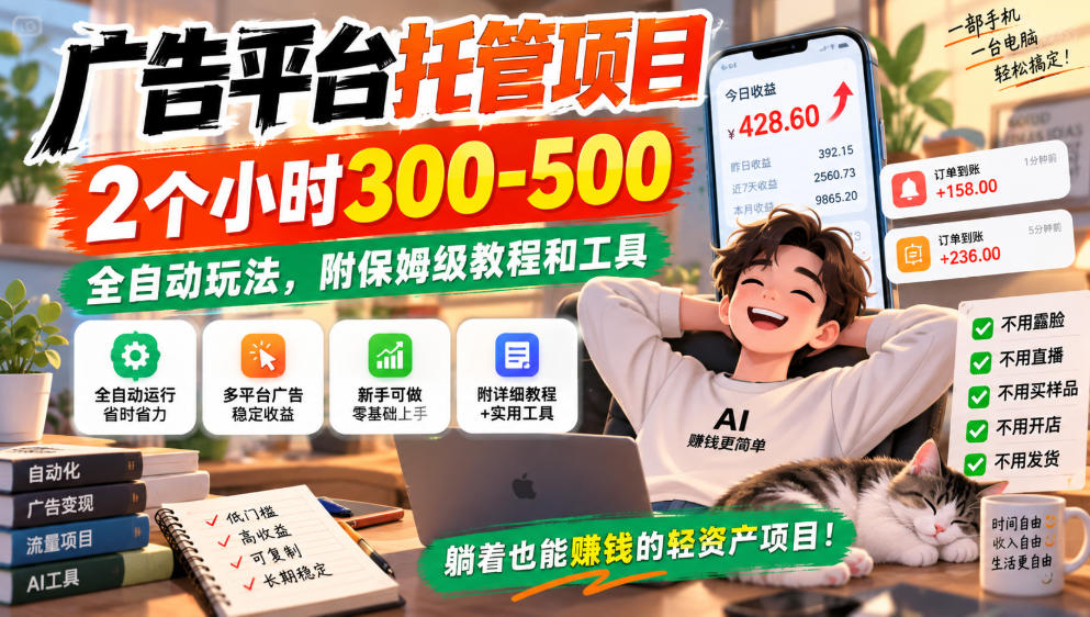 广告平台托管项目，2个小时300-500，全自动玩法，附保姆级教程和工具，小白照着就能做【揭秘】-龙大资源