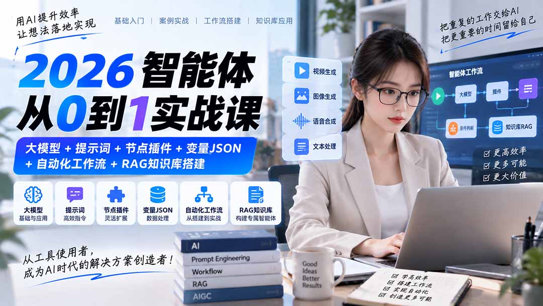 2026智能体从0到1实战课|大模型+提示词+节点插件+变量JSON+自动化工作流+RAG知识库搭建-龙大资源