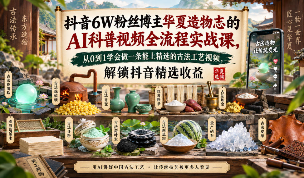 抖音6W粉丝博主华夏造物志的AI科普视频全流程实战课，从0到1学会做一条能上精选的古法工艺视频，解锁抖音精选收益-龙大资源