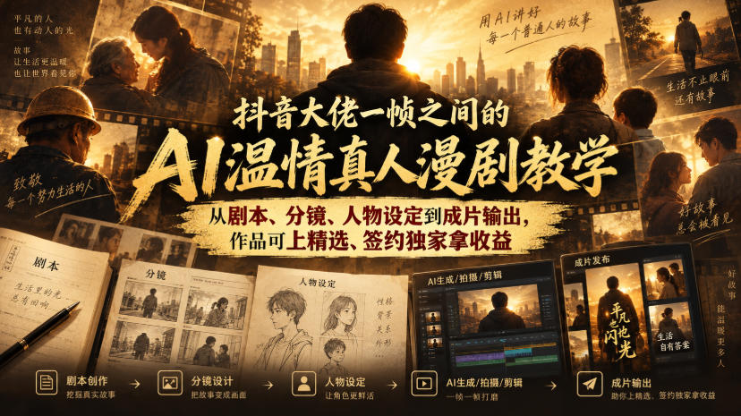 抖音大佬一帧之间的AI温情真人漫剧教学,从剧本、分镜、人物设定到成片输出,作品可上精选、签约独家拿收益-龙大资源