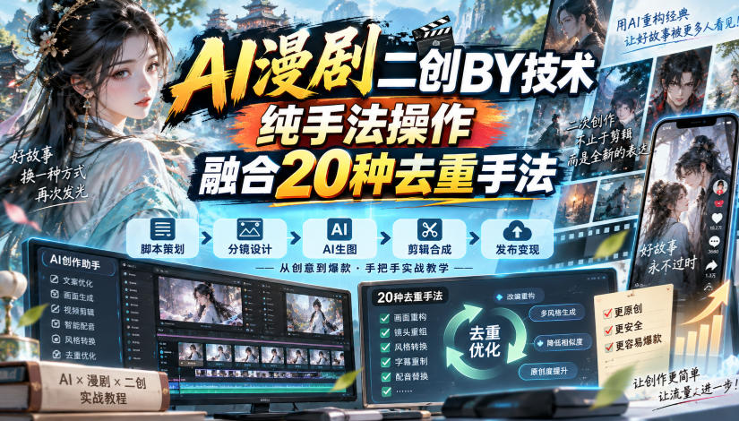 AI漫剧二创搬运技术，纯手法操作，融合20种去重手法-龙大资源