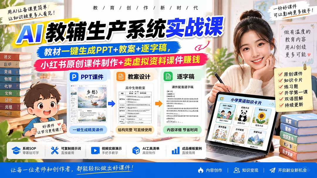AI教辅生产系统实战课｜教材一键生成PPT+教案+逐字稿，小红书原创课件制作+卖虚拟资料课件赚钱-龙大资源