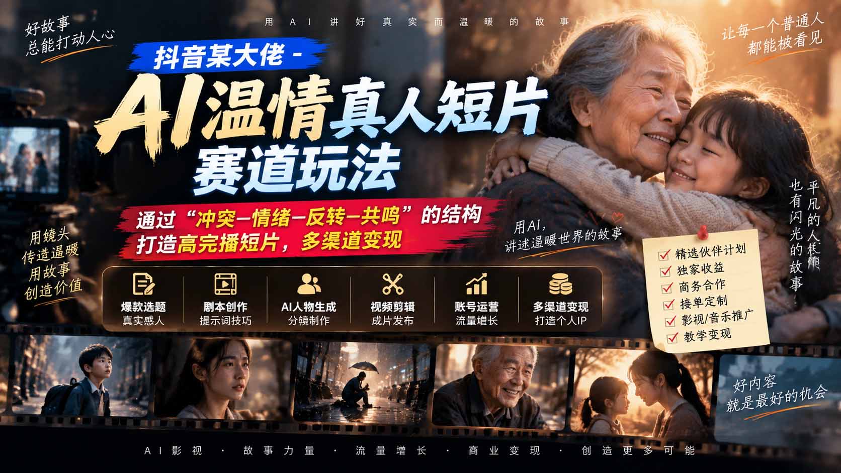 抖音某大佬-AI温情真人短片赛道玩法:通过“冲突—情绪—反转—共鸣”的结构打造高完播短片,多渠道变现-龙大资源
