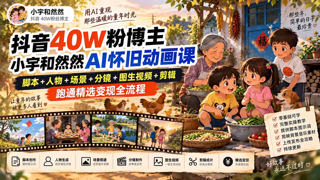 抖音40W粉博主小宇和然然AI怀旧动画课｜脚本+人物+场景+分镜+图生视频+剪辑，跑通精选变现全流程-龙大资源