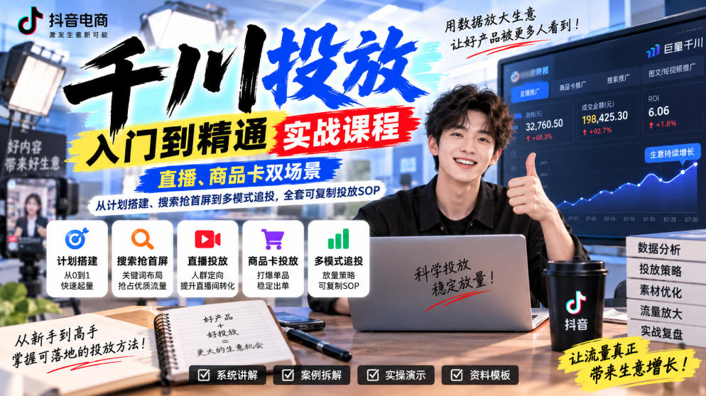千川投放入门到精通实战课程，直播、商品卡双场景，从计划搭建、搜索抢首屏到多模式追投，全套可复制投放SOP-龙大资源