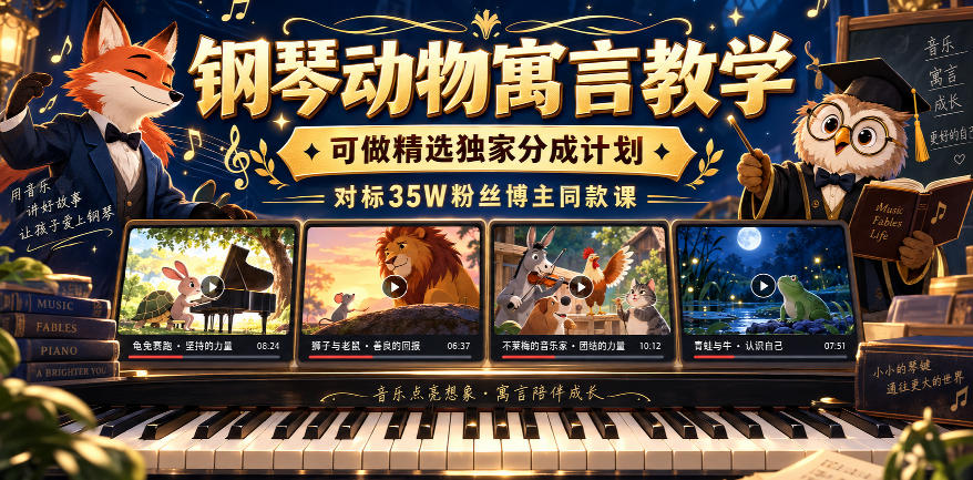 钢琴动物寓言教学，可做精选独家分成计划，对标35W粉丝博主同款课-龙大资源