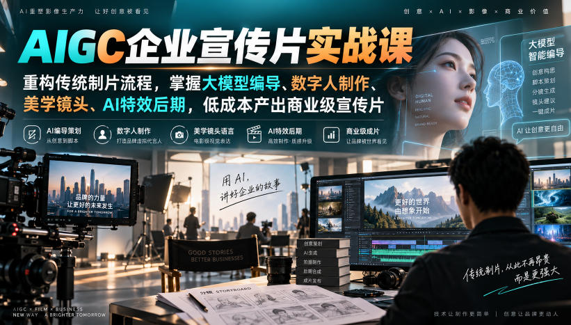 AIGC企业宣传片实战课，重构传统制片流程，掌握大模型编导、数字人制作、美学镜头、AI特效后期，低成本产出商业级宣传片-龙大资源
